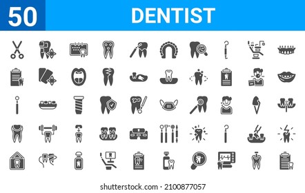 set of 50 dentist web icons. filled glyph icons such as dental checkup,dentist scissors,dental house,tooth filling,dentist mirror,medical prescription,breath,dentist mask. vector illustration