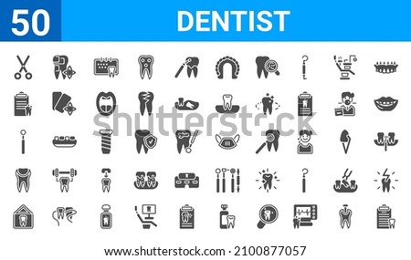 set of 50 dentist web icons. filled glyph icons such as dental checkup,dentist scissors,dental house,tooth filling,dentist mirror,medical prescription,breath,dentist mask. vector illustration