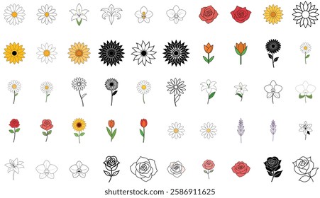 A set of 50 detailed fine line and vintage-style line art flower illustrations, ideal for classic branding, prints, and decorative projects.