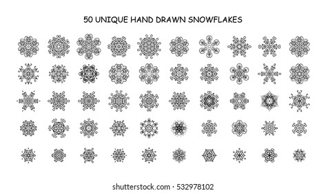 Set of 50 different hand-drawn snowflakes