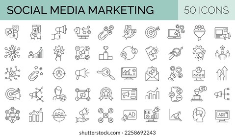 Set of 50 Digital media marketing icons.  Data analytics, SEO, ads, business. Editable Stroke. Vector illustration. 