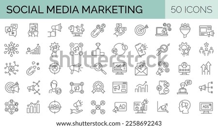 Set of 50 Digital media marketing icons.  Data analytics, SEO, ads, business. Editable Stroke. Vector illustration. 