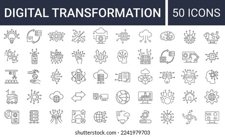 Set of 50 digital transformation simple icons. Collection of line icons as digital services, internet, cloud computing, technology. Editable stroke.  Vector illustration