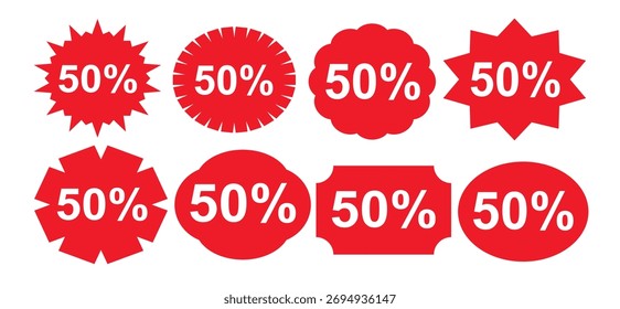 Conjunto de Vectores de etiqueta con 50% de descuento en forma de explosiones, flores, círculos con un diseño plano en rojo. Iconos, promociones, pegatinas de Precio, estrellas, marcas de calidad, etiquetas de compras, Black Friday.