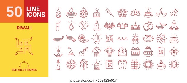 Set of 50 Diwali icons decoration vector web icons for report, presentation, diagram, web design, mobile app.