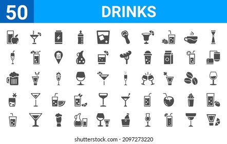 Set von 50 Drinks Web-Symbole. gefüllte Glyph-Symbole wie Pisco sour, Fruchtsaft, Getränk, Caipiroska, Biermug, Ramos gin fiz, blaue Lagune, Champagner. Vektorgrafik