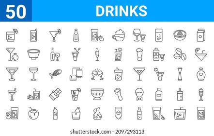 Set von 50 Drinks Web-Symbole. Umrisse dünne Linien Symbole wie Eis-Tee, Kalkrickgetränk, Orangensaft, Martini, Manhattan-Getränk, Granatmartini, Erfrischungsgetränk, Getränk. Vektorgrafik