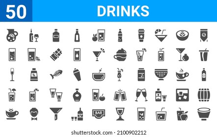 set of 50 drinks web icons. filled glyph icons such as mind eraser drink,sangria,cappuccino,planter's punch,french 75,tom collins,alcohol,sex on the beach. vector illustration