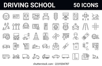 Set of 50 driving school line icons. Editable stroke. 