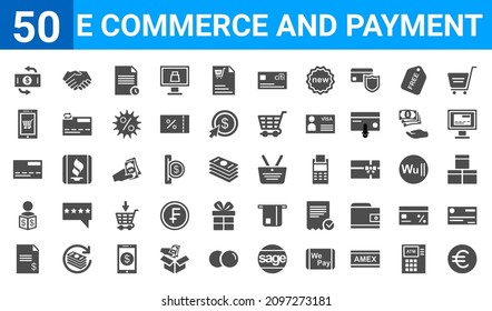 set of 50 e commerce and payment web icons. filled glyph icons such as euro,transaction,bills,broker,debit card,mobile shopping,trade,basket. vector illustration