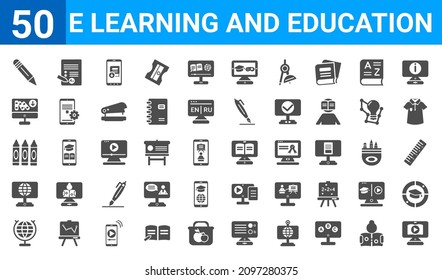 set of 50 e learning and education web icons. filled glyph icons such as lesson,pencil,geography,international,crayon,online library,grades,digital book. vector illustration