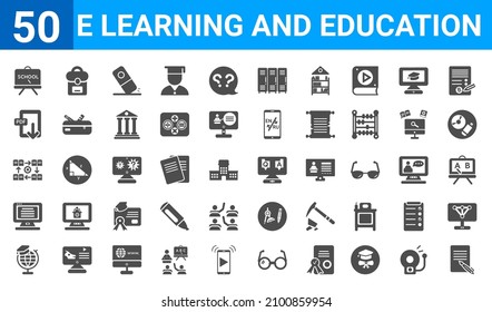 set of 50 e learning and education web icons. filled glyph icons such as writing,chalkboard,learning,notes,asynchronous learning,pdf,school bag,qa. vector illustration