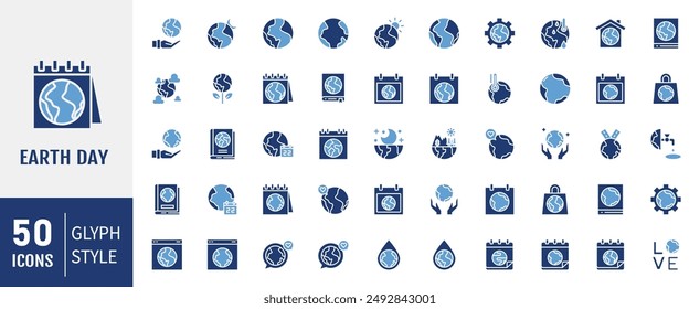 Set of 50 earth planet concept, icon set, world ecology, nature global protect, logo eco environment, globe with leave. Solid icons vector collection.