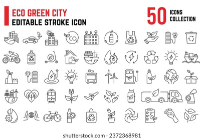 Set of 50 Eco Green City, contains such icons as Environmental, renewable energy, Zero Waste, Bio filter, Sustainable development, autonomous building, air and water quality. Editable stroke icon