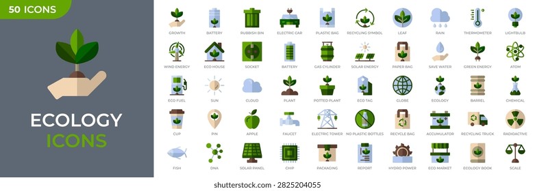 Set of 50 ecology flat color icons. Eco friendly icon. Environment, sustainability, nature, recycle, renewable energy. Green symbol. Vector illustration