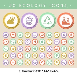 Set of 50 Ecology Icons on Colored Circular Buttons. Vector Isolated Elements.