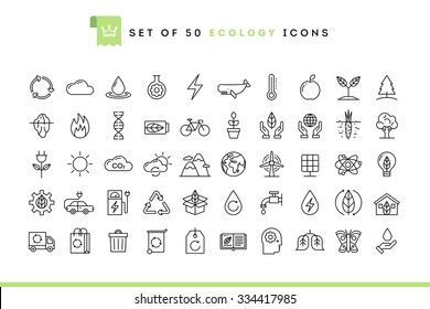 Conjunto de 50 ícones de ecologia, estilo de linha fina, ilustração vetorial