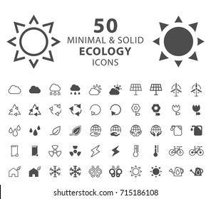 Set of 50 Ecology Minimal and Solid Icons on White Background . Vector Isolated Elements