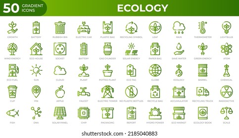 Conjunto de 50 iconos web de ecología en estilo gradiente. Reciclaje, biología, energía renovable. Colección de iconos de degradado. Ilustración del vector