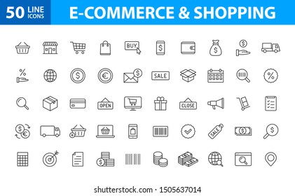 Set of 50 E-commerce and shopping web icons in line style. Mobile Shop, Digital marketing, Bank Card, Gifts. Vector illustration.