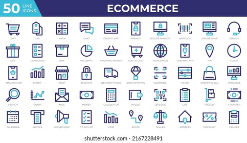 Set of 50 Ecommerce web icons in colored line style. Credit card, profit, invoice. Colored outline icons collection. Vector illustration