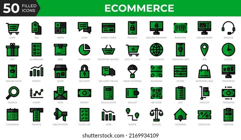 Set of 50 Ecommerce web icons in filled outline style. Credit card, profit, invoice. Filled outline icons collection. Vector illustration