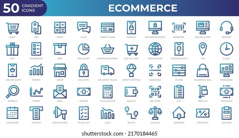 Set of 50 Ecommerce web icons in gradient style. Credit card, profit, invoice. Gradient icons collection. Vector illustration