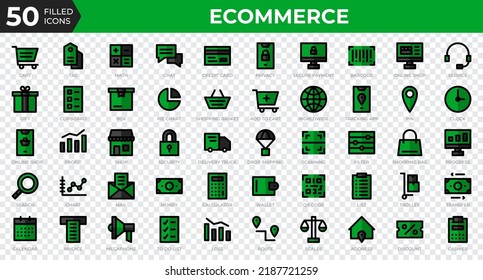 Set of 50 Ecommerce web icons in filled outline style. Credit card, profit, invoice. Filled outline icons collection. Vector illustration