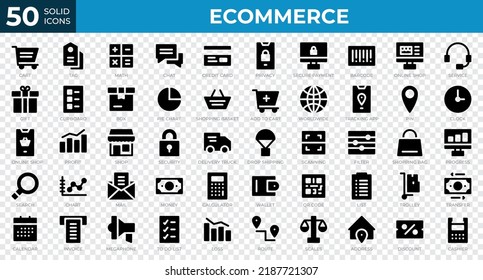 Set of 50 Ecommerce web icons in solid style. Credit card, cart, invoice. Solid icons collection. Vector illustration