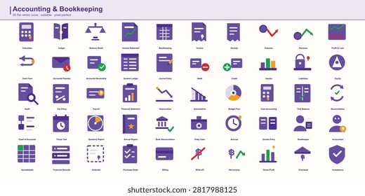 A set of 50 editable flat accounting and bookkeeping icons including calculator, ledger, balance sheet, invoice, and audit symbols on a pixel-perfect grid.