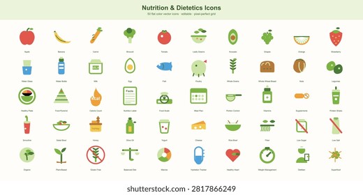 A set of 50 editable flat nutrition and dietetics icons including apple, vegetables, healthy plate, calorie count, and food scale symbols on a pixel-perfect grid.