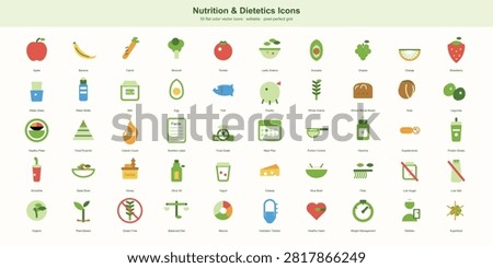 A set of 50 editable flat nutrition and dietetics icons including apple, vegetables, healthy plate, calorie count, and food scale symbols on a pixel-perfect grid.