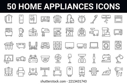 Set of 50 editable stroke home appliances line icons. Electronic equipment, cooking, cleaning, entertainment, body care. outline symbol collection.