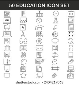 Set of 50 Education icon and Learning web icons in line style. School, university,college,textbook, learning. Vector illustration.eps file.