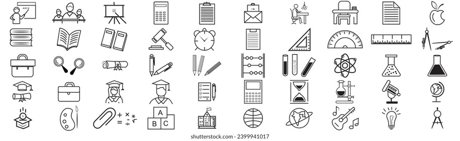 Set of 50 Education and Learning thin line icons. School, university, textbook, editable learning education icons. Vector illustration