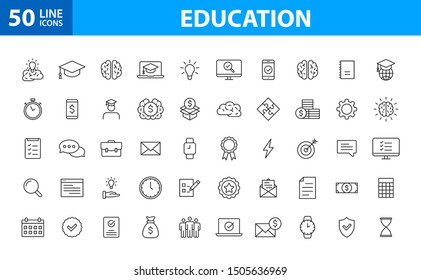 Set Of 50 Education And Learning Web Icons In Line Style. School, University, Textbook, Learning. Vector Illustration.