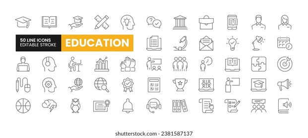 Conjunto de 50 iconos de línea de educación. Iconos de esquema educativo con colección de trazo editable. Incluye E-Learning, Universidad, Profesor, Libro de Audio, Graduación y más.