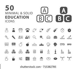 Set of 50 Education Minimal and Solid Icons . Vector Isolated Element