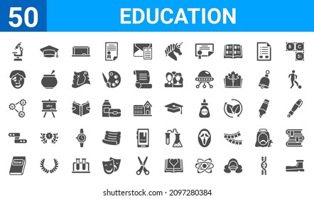 set of 50 education web icons. filled glyph icons such as shoe,microscope,law,sash,alphabet,quasimodo,graduation hat,mortarboard. vector illustration