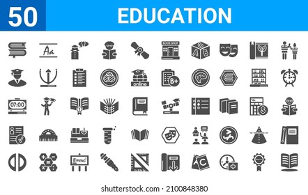 set of 50 education web icons. filled glyph icons such as opened,books couple,semicircles,registered,digital timer,scholar,handwriten alphabet,swing balancer. vector illustration