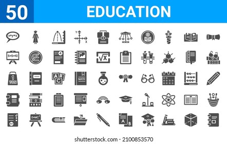 set of 50 education web icons. filled glyph icons such as school agenda,equation,final test,agenda with bookmarks,tonne,writing whiteboard,college graduation,graduation diploma. vector illustration