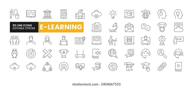 Set of 50 E-Learning line icons set. E-Learning outline icons with editable stroke collection. Includes E-Learning, Audio Book, Online Course, E-Book.