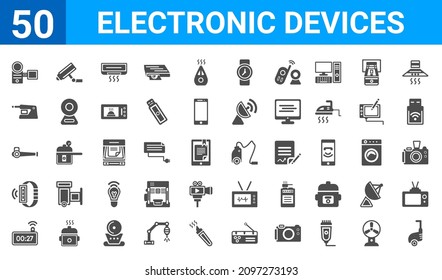 set of 50 electronic devices web icons. filled glyph icons such as  ,camcorder,digital clock,smartband,leaf blower,electric pencil sharpener,video surveillance,vacuum cleaner. vector illustration