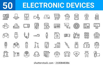 set of 50 electronic devices web icons. outline thin line icons such as video recorder,personal computer,laser hine,sata,game console,copy hine,exhaust hood,floppy. vector illustration