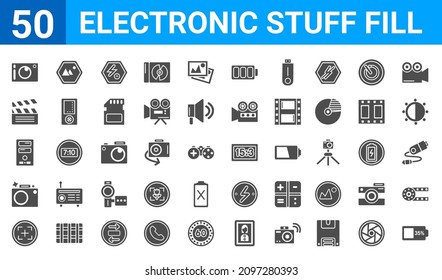 set of 50 electronic stuff fill web icons. filled glyph icons such as battery almost full,compact camera,camera screen,photo camera with flash,computer tower,clapperboard,landscape,camera big screen