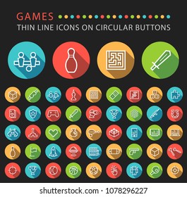 Set of 50 Elegant Universal White Minimalistic Thin Line Games Icons on Circular Colored Buttons on Black Background 