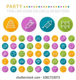 Set of 50 Elegant Universal White Minimalistic Thin Line Party Icons on Circular Colored Buttons on White Background 