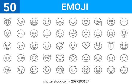 conjunto de 50 iconos web emoji. iconos de líneas delgadas como el emoji del amor, sonriendo con el emoji del halo, el emoticono mentiroso, el emoticono del amor, el emoji del llanto, el emoji shushing, el emoji triste, el emoji del pudor. ilustración vectorial