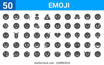 set of 50 emoji web icons. filled glyph icons such as calm emoji,anguished emoji,wondering emoji,disgusted emoji,confused emoji,lying emoji,excited emoji,broken heart emoji. vector illustration