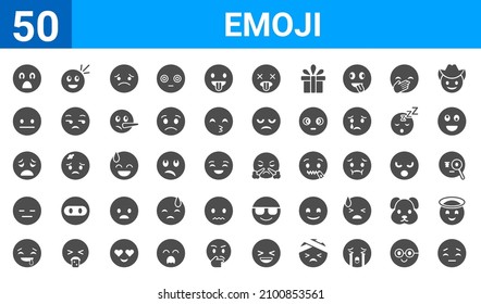 set of 50 emoji web icons. filled glyph icons such as pensive emoji,scared emoji,drool emoji,expressionless emoji,tired emoji,bored emoji,imagine emoji,emoji with steam from e. vector illustration